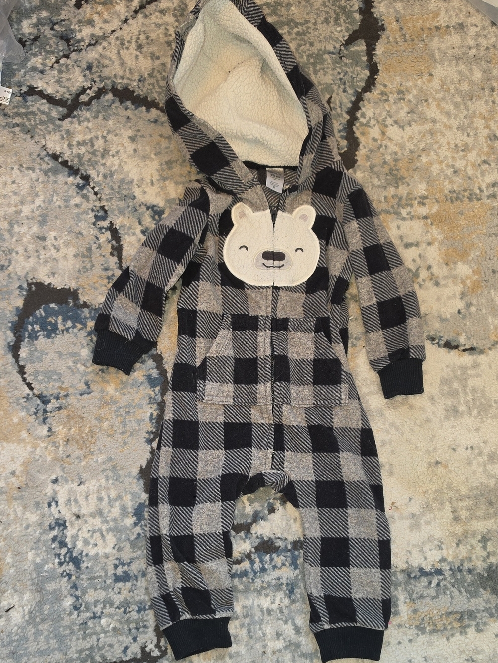 Carter's Black & Gray Buffalo Plaid Hooded One-Piece with Bear Appliqué